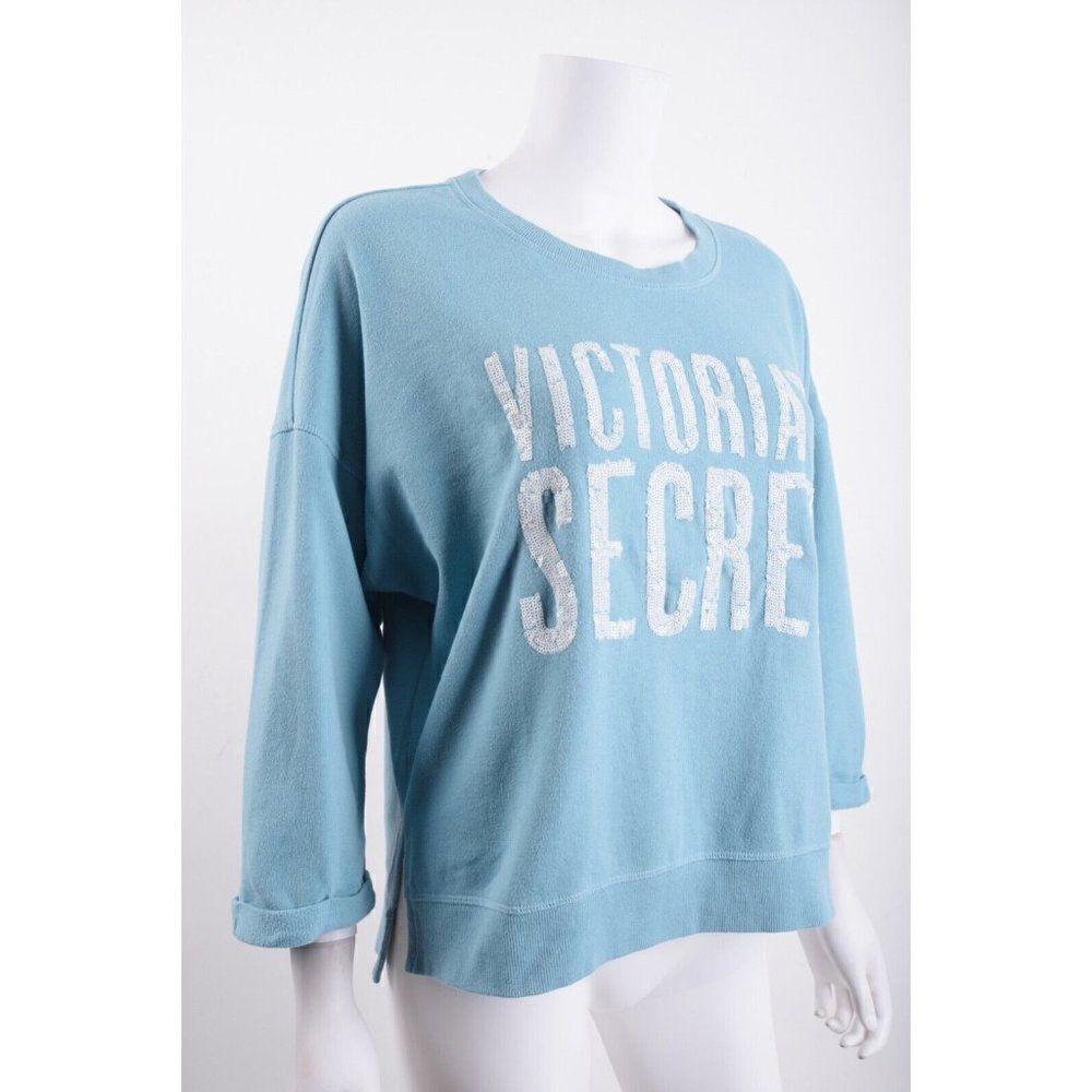 Victorias Secret Womens Sweatshirt Blue White Sequin Spellout Logo M Medium - Picture 2 of 6